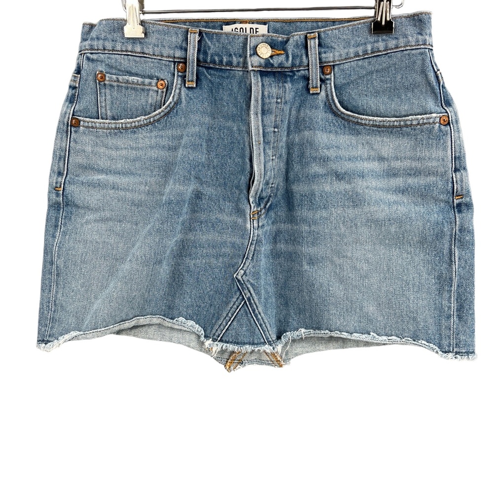AGOLDE Denim Mini Skirt Blue Frayed Hem FivePocket Button Fly Y2K Size 30